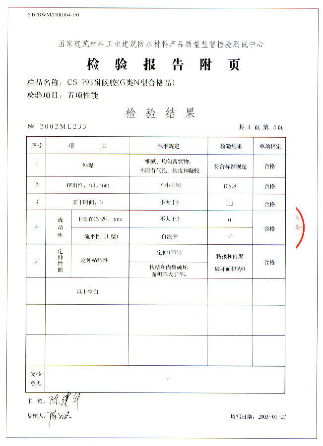 昌盛硅酮密封膠系列產品檢驗報告